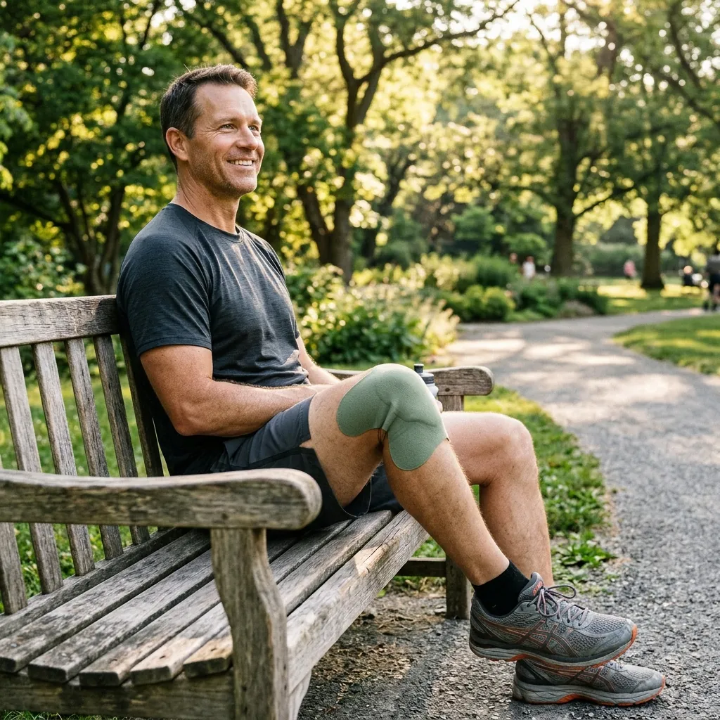 Man relaxing on a park bench after a morning walk wearing the Hewelth Herbal Knee Patch