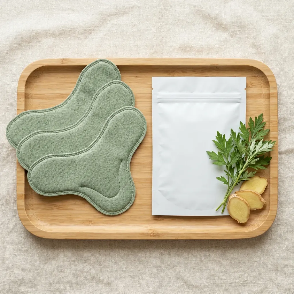 Hewelth Herbal Knee Patches fanned out beside protective storage pouch and botanical leaves